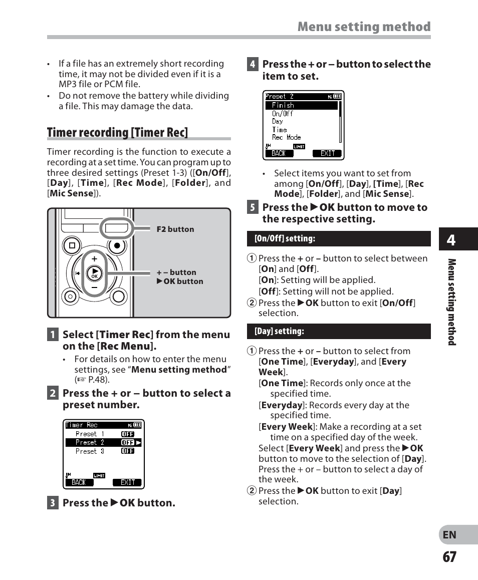 Menu setting method timer recording [timer rec | Olympus LS-7 User Manual | Page 67 / 103