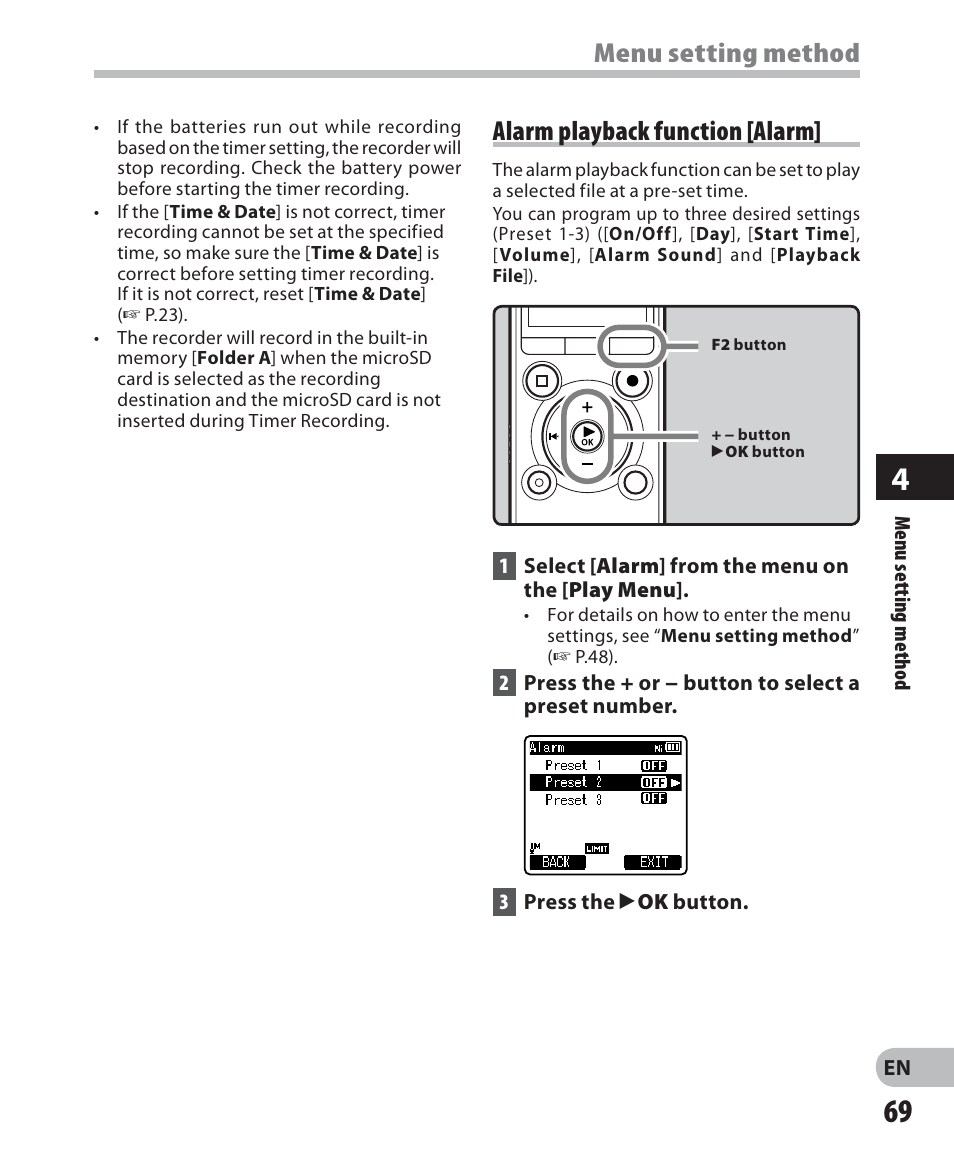 Menu setting method, Alarm playback function [alarm | Olympus LS-7 User Manual | Page 69 / 103