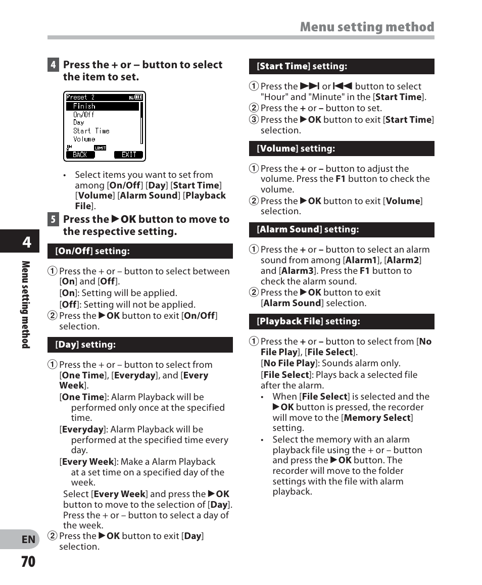 Menu setting method | Olympus LS-7 User Manual | Page 70 / 103