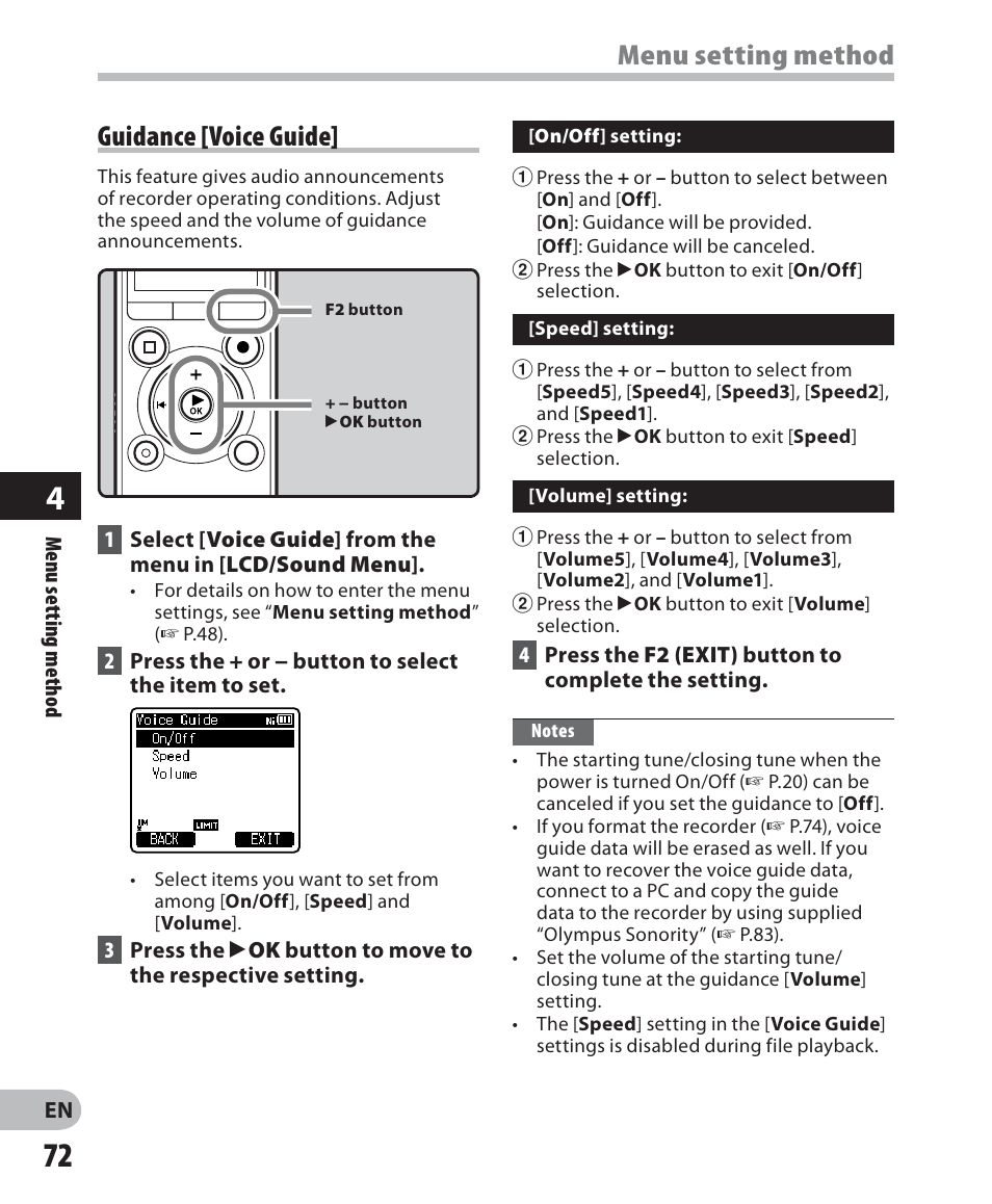 Menu setting method, Guidance [voice guide | Olympus LS-7 User Manual | Page 72 / 103