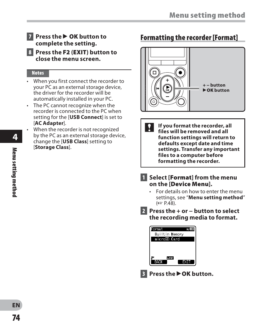 Menu setting method, Formatting the recorder [format | Olympus LS-7 User Manual | Page 74 / 103