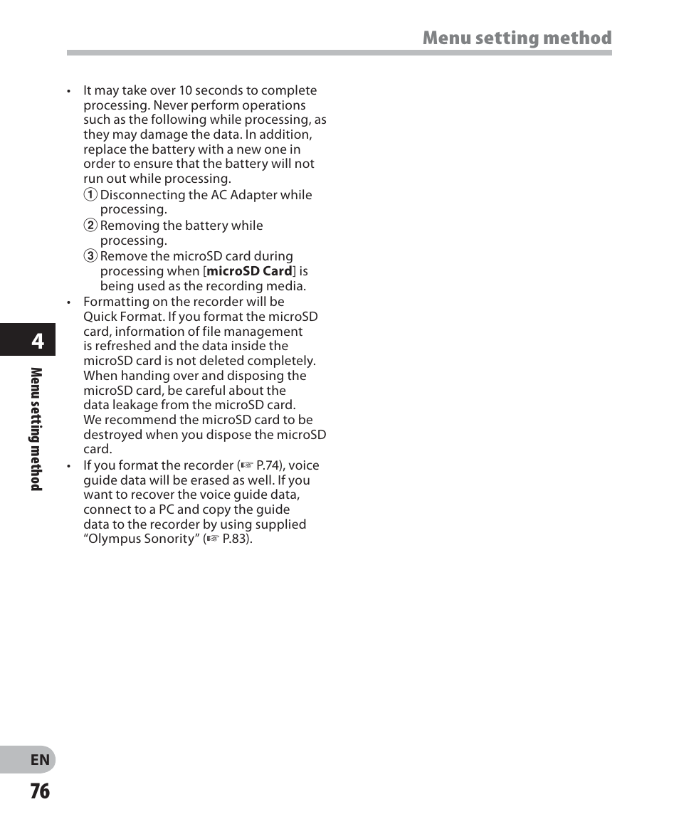 Menu setting method | Olympus LS-7 User Manual | Page 76 / 103