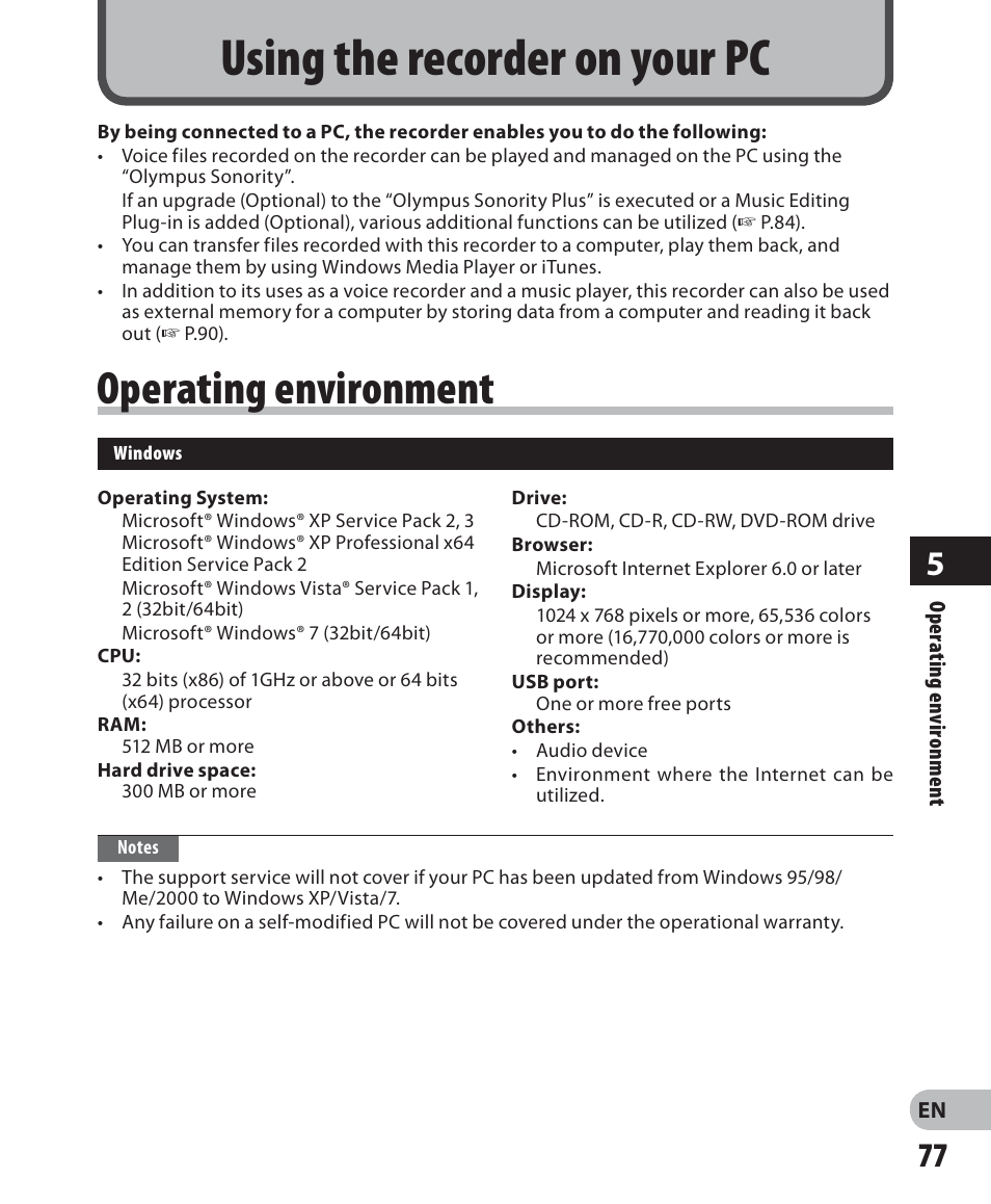 Using the recorder on your pc, Operating environment | Olympus LS-7 User Manual | Page 77 / 103