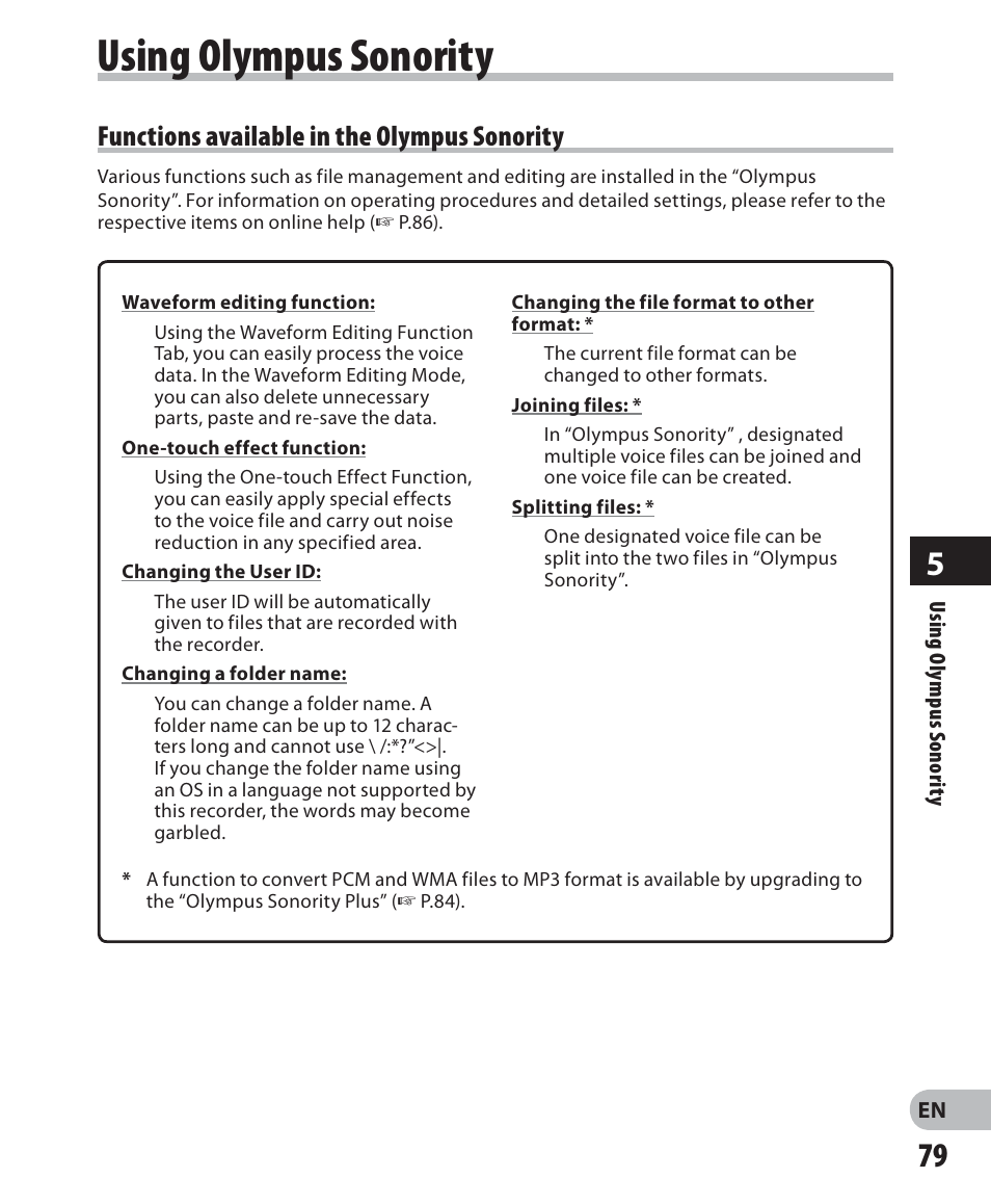 Using olympus sonority, Functions available in the olympus sonority | Olympus LS-7 User Manual | Page 79 / 103
