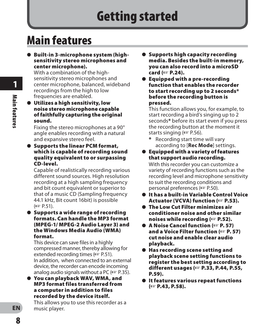 Getting started, Main features | Olympus LS-7 User Manual | Page 8 / 103