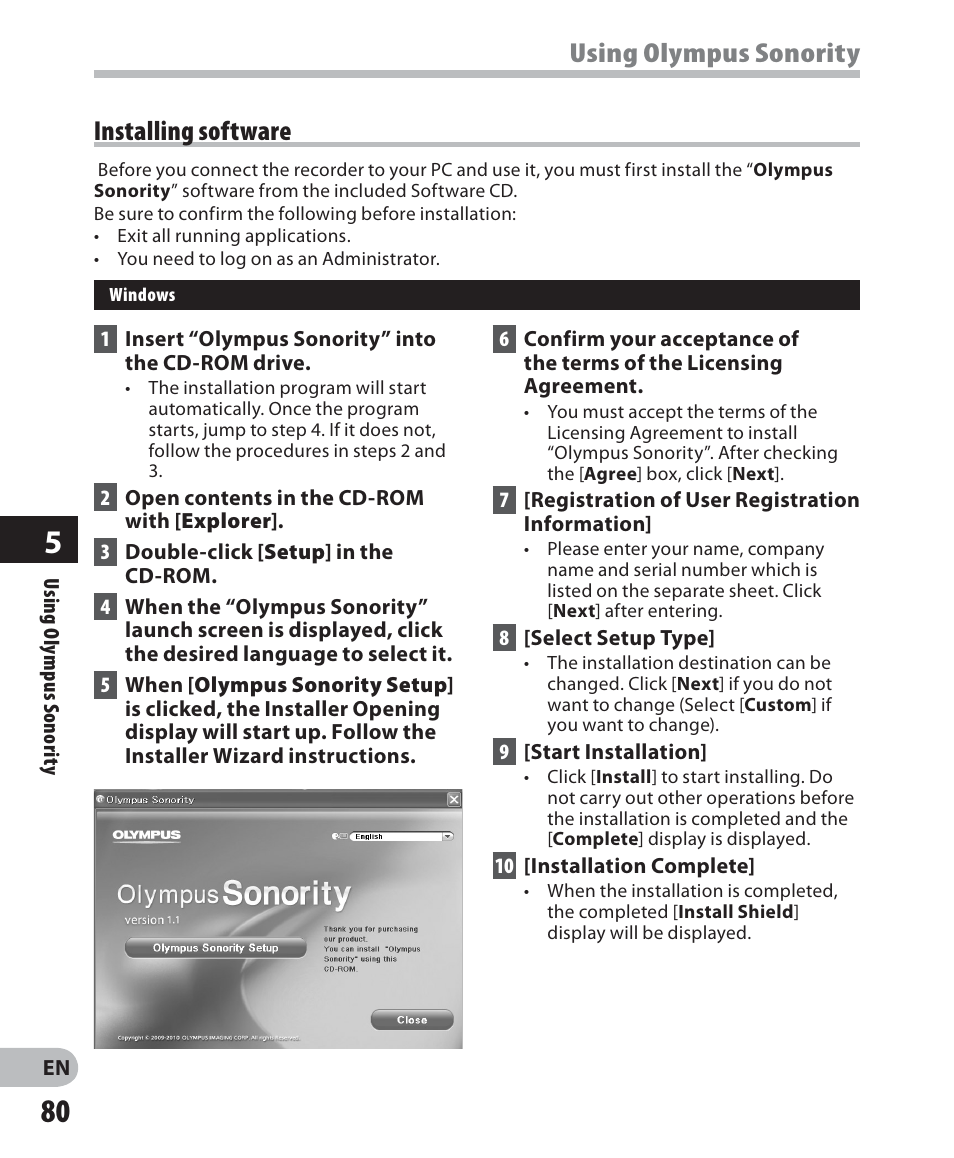 Using olympus sonority, Installing software | Olympus LS-7 User Manual | Page 80 / 103