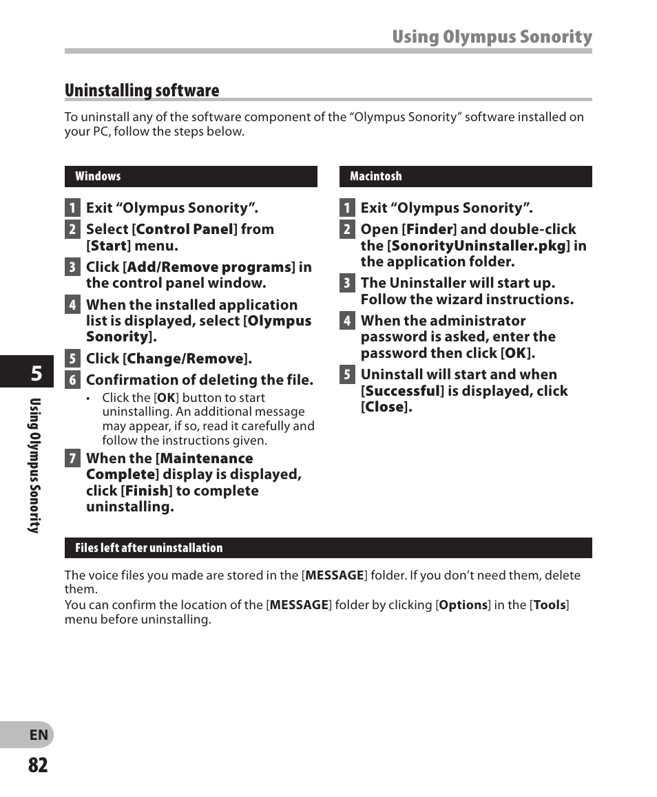 Using olympus sonority, Uninstalling software | Olympus LS-7 User Manual | Page 82 / 103