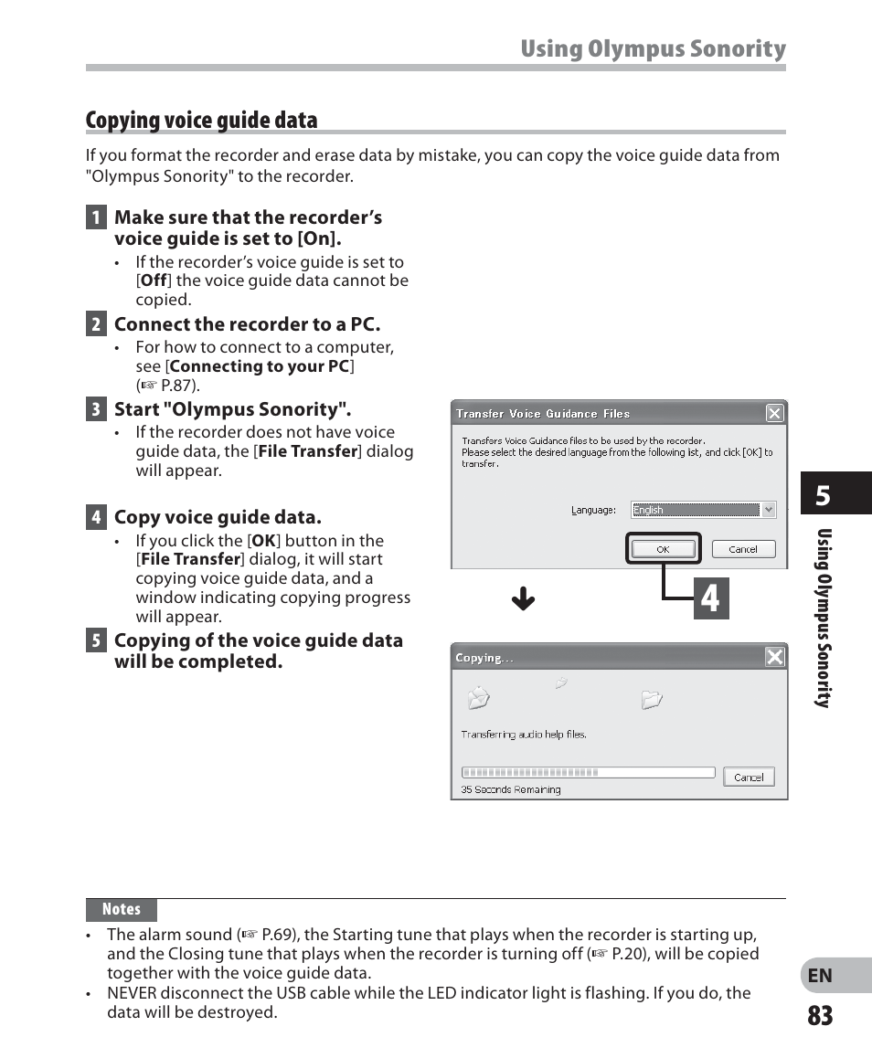 Using olympus sonority, Copying voice guide data | Olympus LS-7 User Manual | Page 83 / 103
