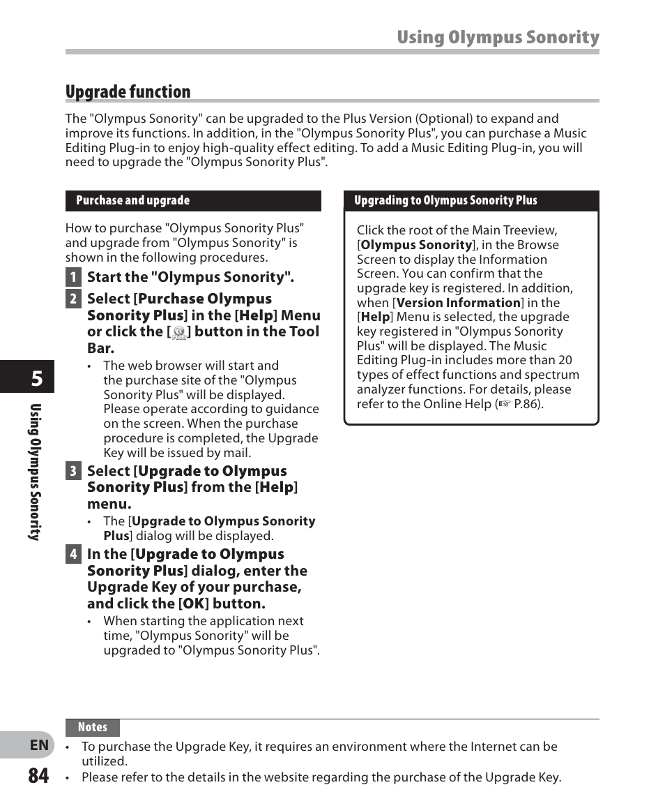 Using olympus sonority, Upgrade function | Olympus LS-7 User Manual | Page 84 / 103