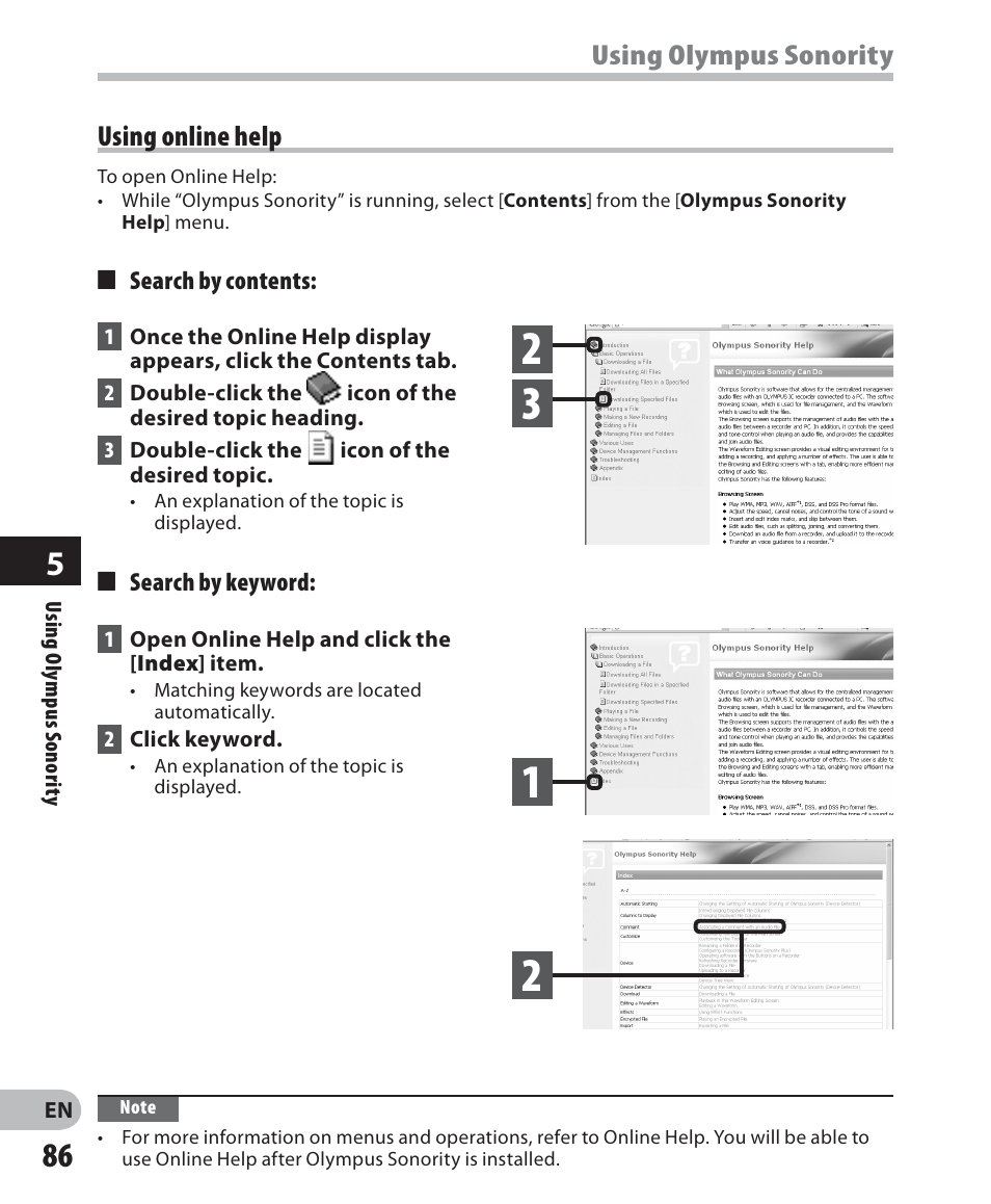 Using olympus sonority, Using online help | Olympus LS-7 User Manual | Page 86 / 103