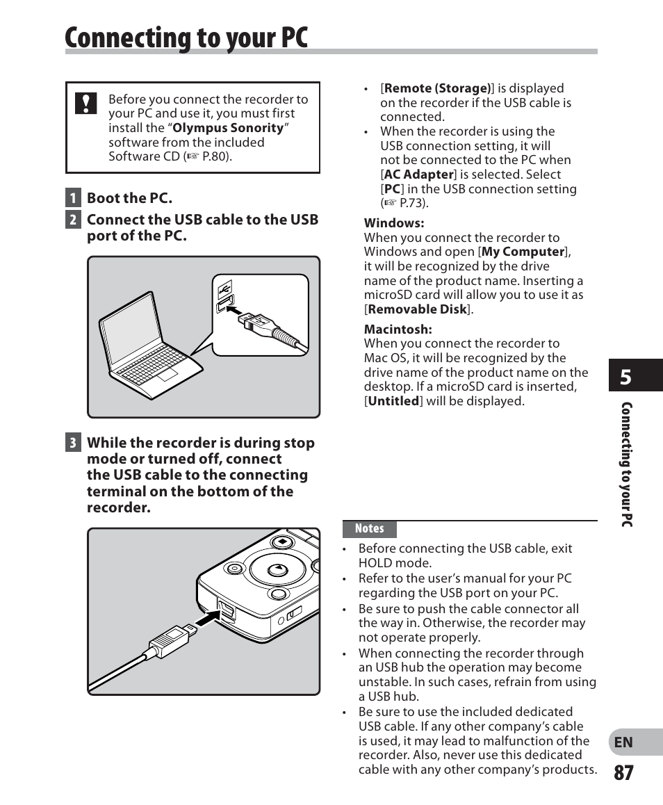 Connecting to your pc | Olympus LS-7 User Manual | Page 87 / 103