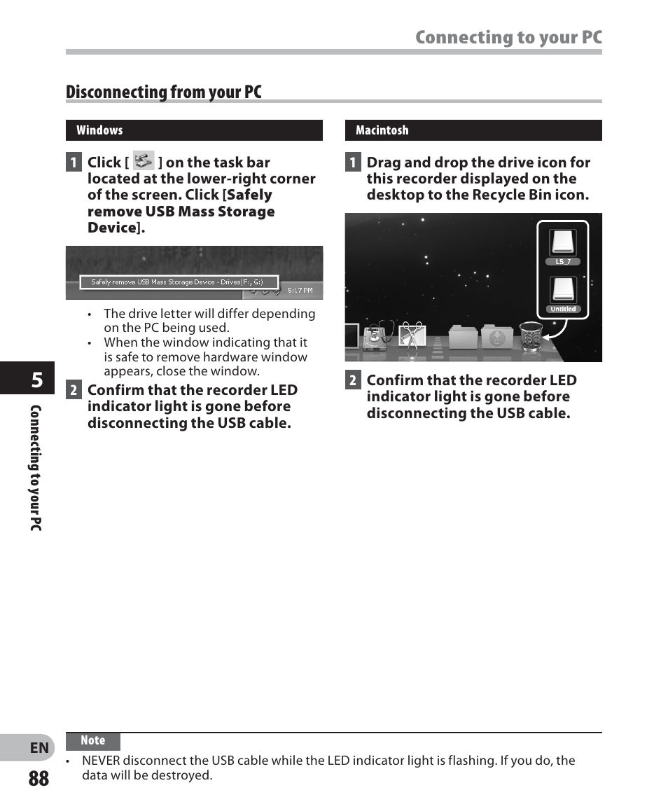 Connecting to your pc disconnecting from your pc | Olympus LS-7 User Manual | Page 88 / 103