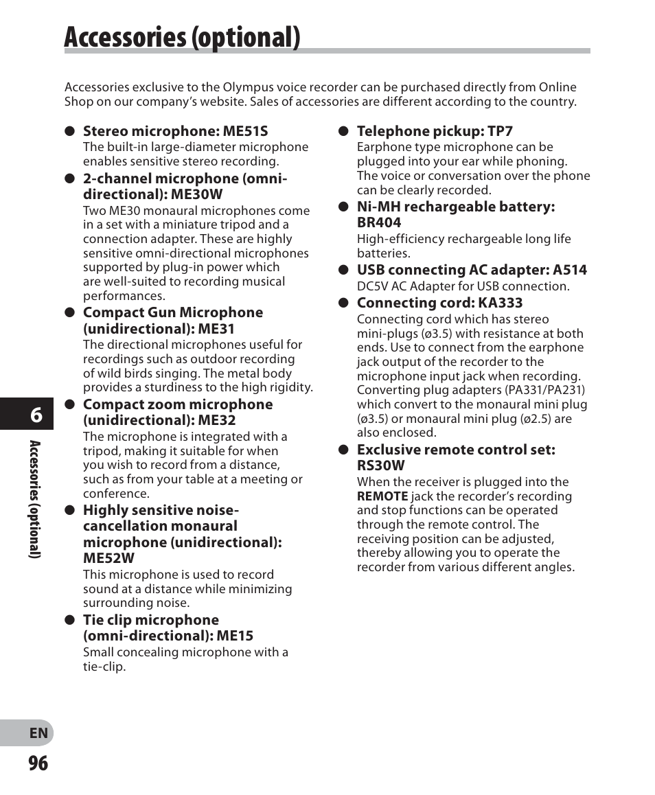 Accessories (optional) | Olympus LS-7 User Manual | Page 96 / 103