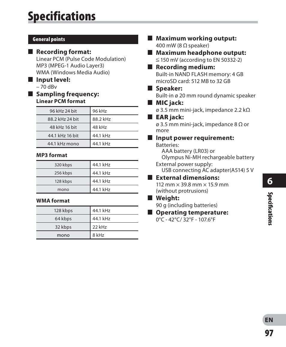 Specifications | Olympus LS-7 User Manual | Page 97 / 103