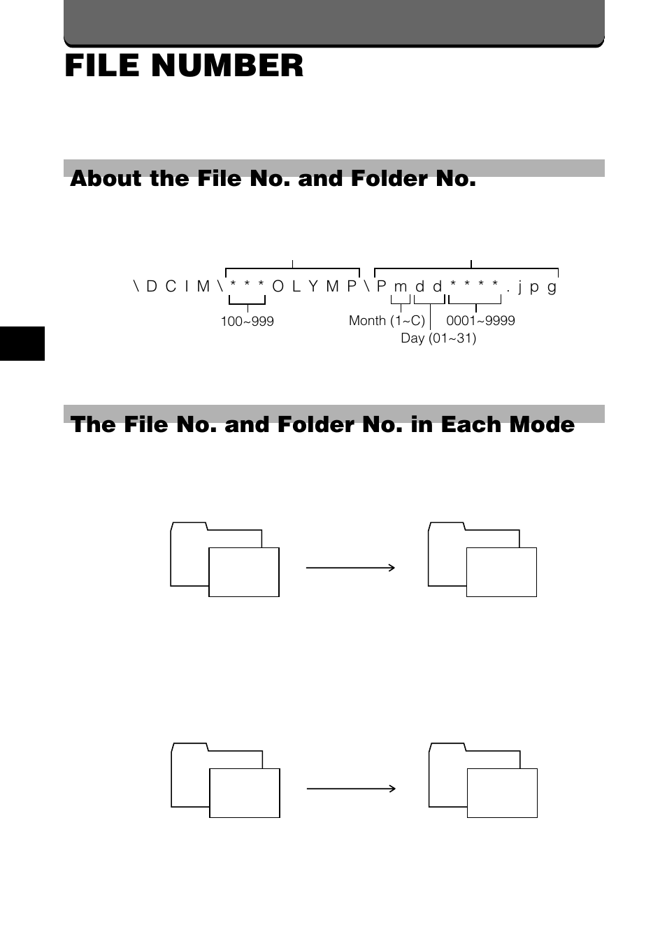 File number, About the file no. and folder no, The file no. and folder no. in each mode | Olympus C-2020ZOOM User Manual | Page 178 / 200