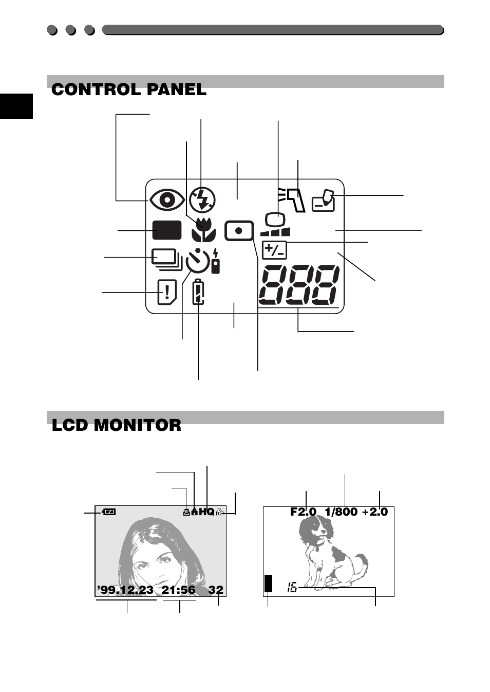 Sq shq, Slow iso, Mf bkt | 20 control panel, Lcd monitor | Olympus C-2020ZOOM User Manual | Page 20 / 200