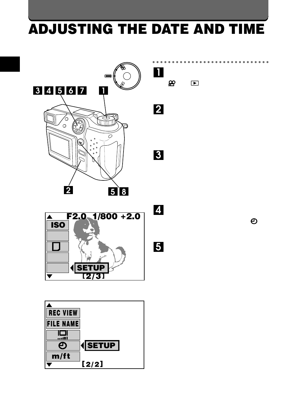 Adjusting the date and time, Setup iso, M / f t rec view file name setup | Olympus C-2020ZOOM User Manual | Page 28 / 200