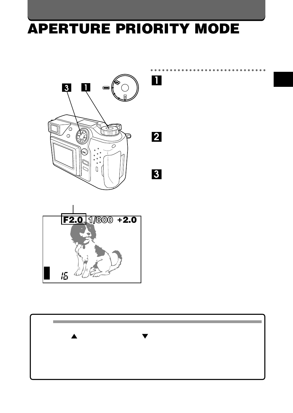 Aperture priority mode, F2.0 – – – – – +2.0 | Olympus C-2020ZOOM User Manual | Page 49 / 200