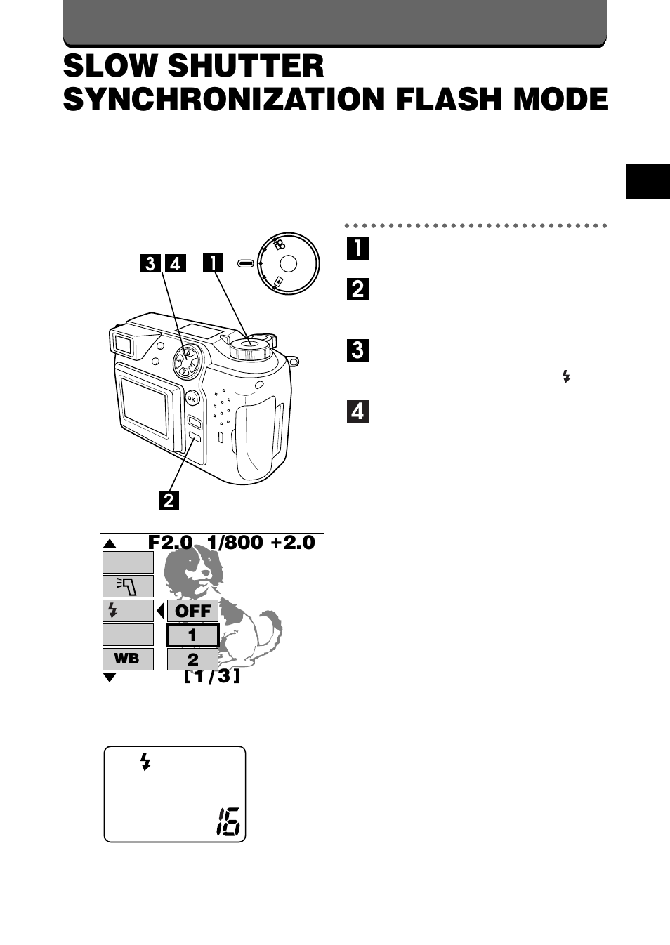 Slow shutter synchronization flash mode, Off 1 2 | Olympus C-2020ZOOM User Manual | Page 75 / 200