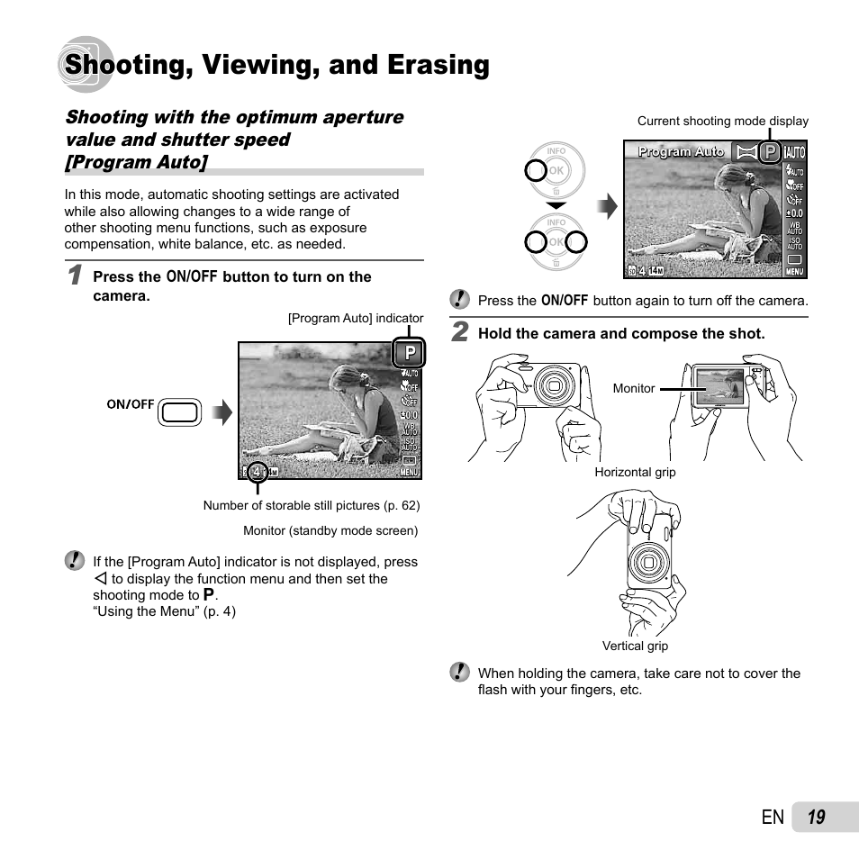 Shooting, viewing, and erasing, 19 en | Olympus VG-160 User Manual | Page 19 / 76