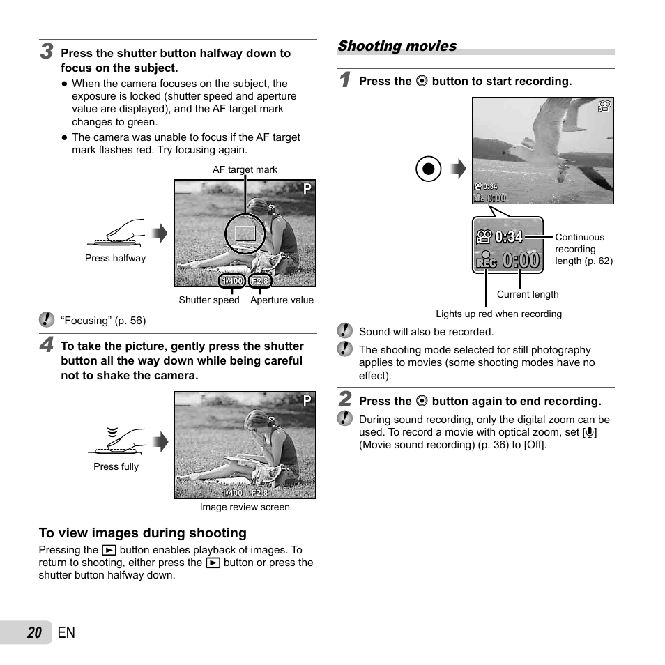 20 en, Shooting movies | Olympus VG-160 User Manual | Page 20 / 76