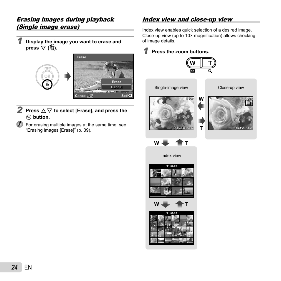 24 en, Index view and close-up view | Olympus VG-160 User Manual | Page 24 / 76