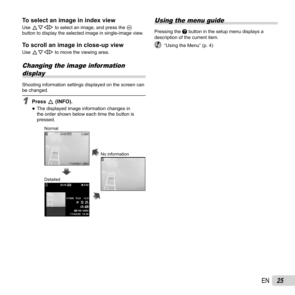 25 en, Changing the image information display, Using the menu guide | Press f (info) | Olympus VG-160 User Manual | Page 25 / 76