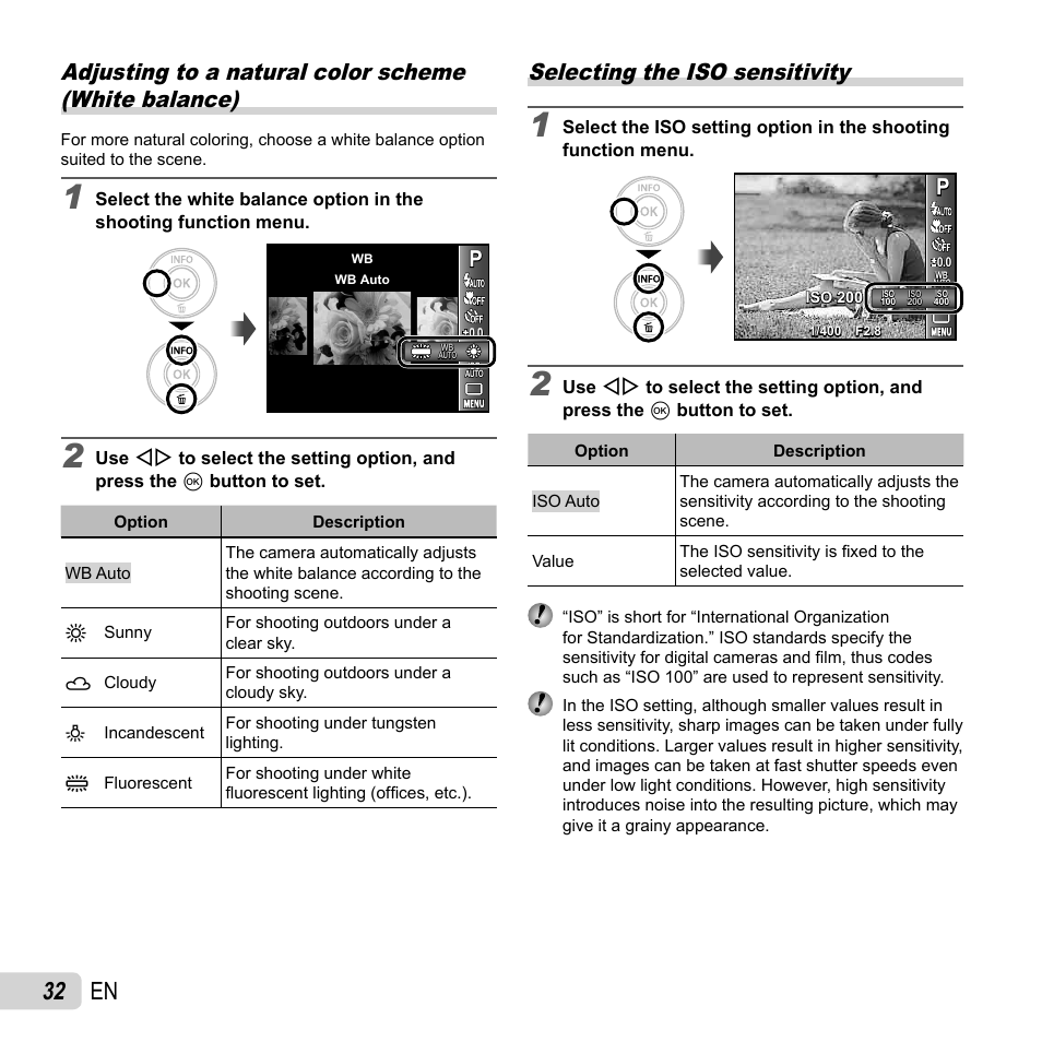 32 en, Selecting the iso sensitivity | Olympus VG-160 User Manual | Page 32 / 76