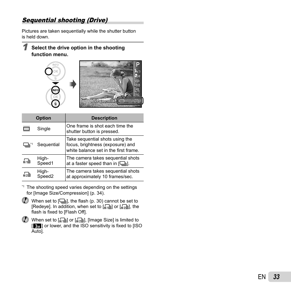 33 en, Sequential shooting (drive) | Olympus VG-160 User Manual | Page 33 / 76