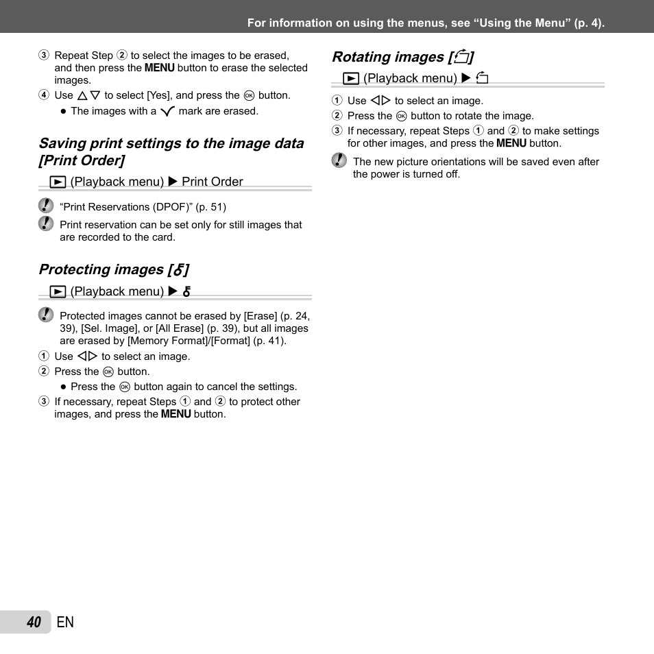 40 en, Protecting images [ protecting images, Rotating images [ rotating images [ y y | Olympus VG-160 User Manual | Page 40 / 76
