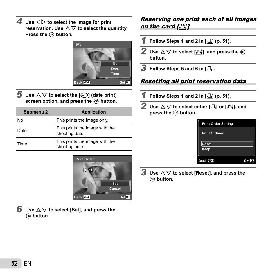 52 en, Resetting all print reservation data | Olympus VG-160 User Manual | Page 52 / 76