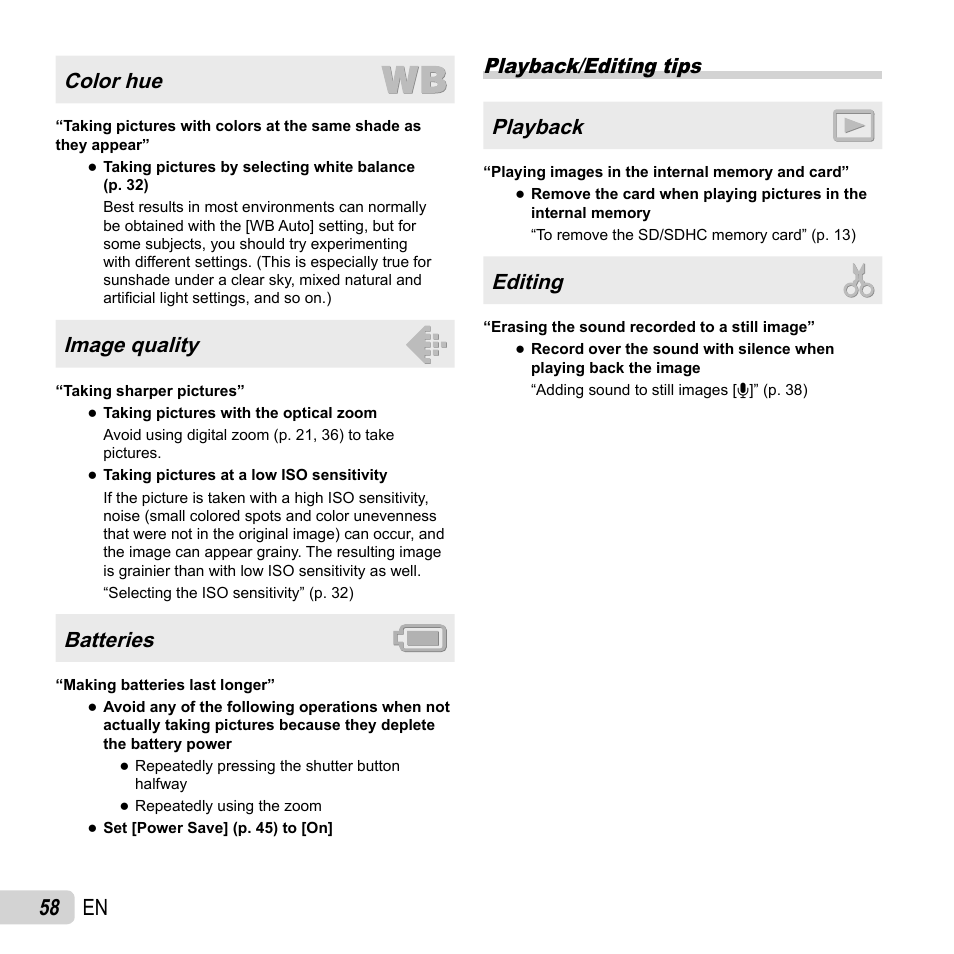58 en, Color hue, Image quality | Batteries, Playback/editing tips playback, Editing | Olympus VG-160 User Manual | Page 58 / 76