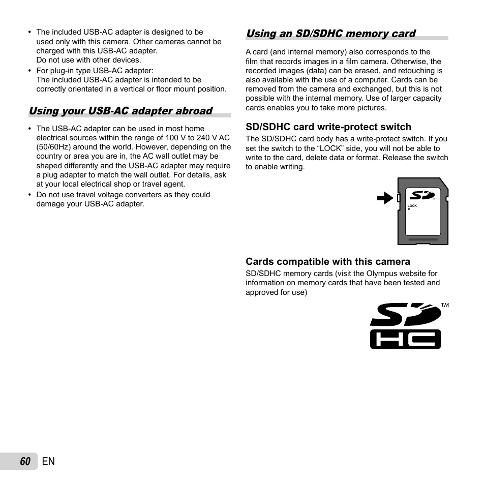 60 en, Using your usb-ac adapter abroad | Olympus VG-160 User Manual | Page 60 / 76