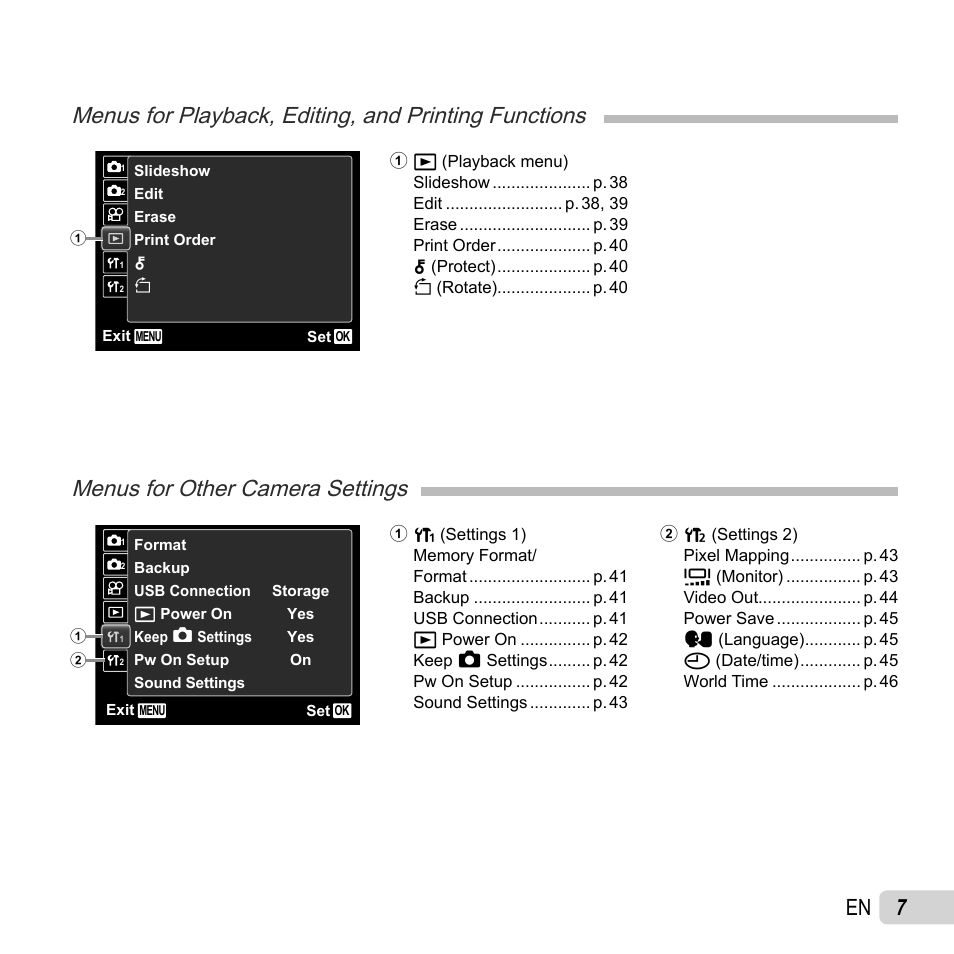 Menus for other camera settings | Olympus VG-160 User Manual | Page 7 / 76