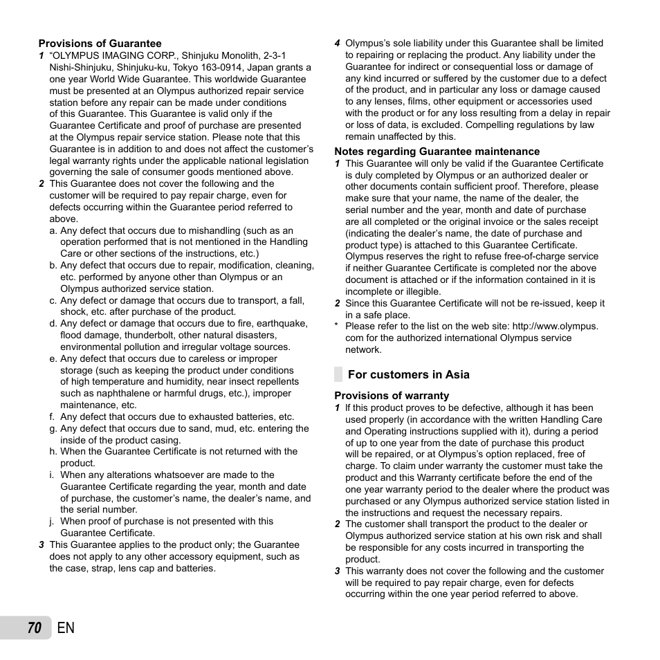 70 en | Olympus VG-160 User Manual | Page 70 / 76