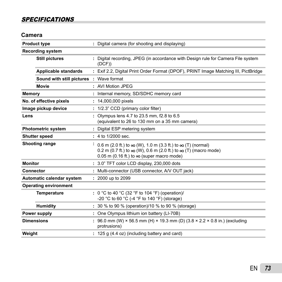 73 en, Specifications | Olympus VG-160 User Manual | Page 73 / 76