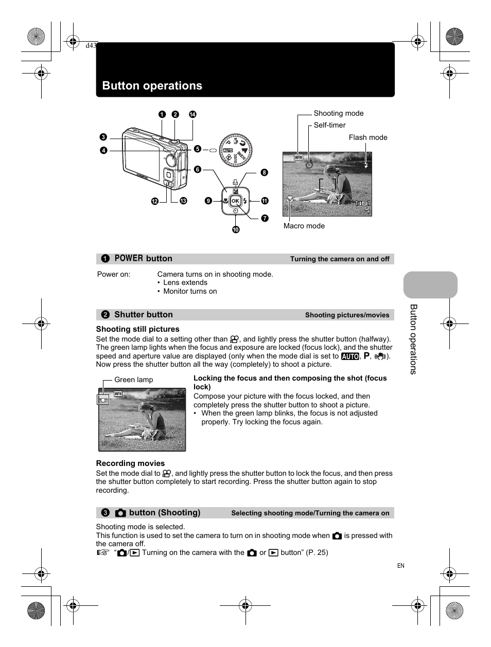 Button operations, Turning the camera on and off, Shooting pictures/movies | Selecting shooting mode/turning the camera on, 11 button operations | Olympus FE-290 User Manual | Page 11 / 68