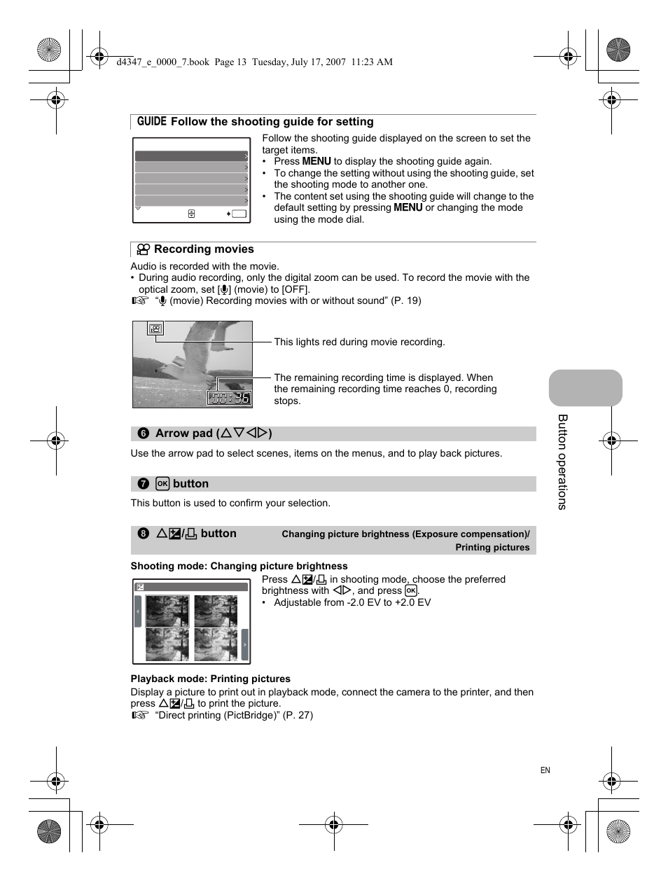 Follow the shooting guide for setting, Recording movies, Arrow pad | Ok button, Button operati o ns | Olympus FE-290 User Manual | Page 13 / 68
