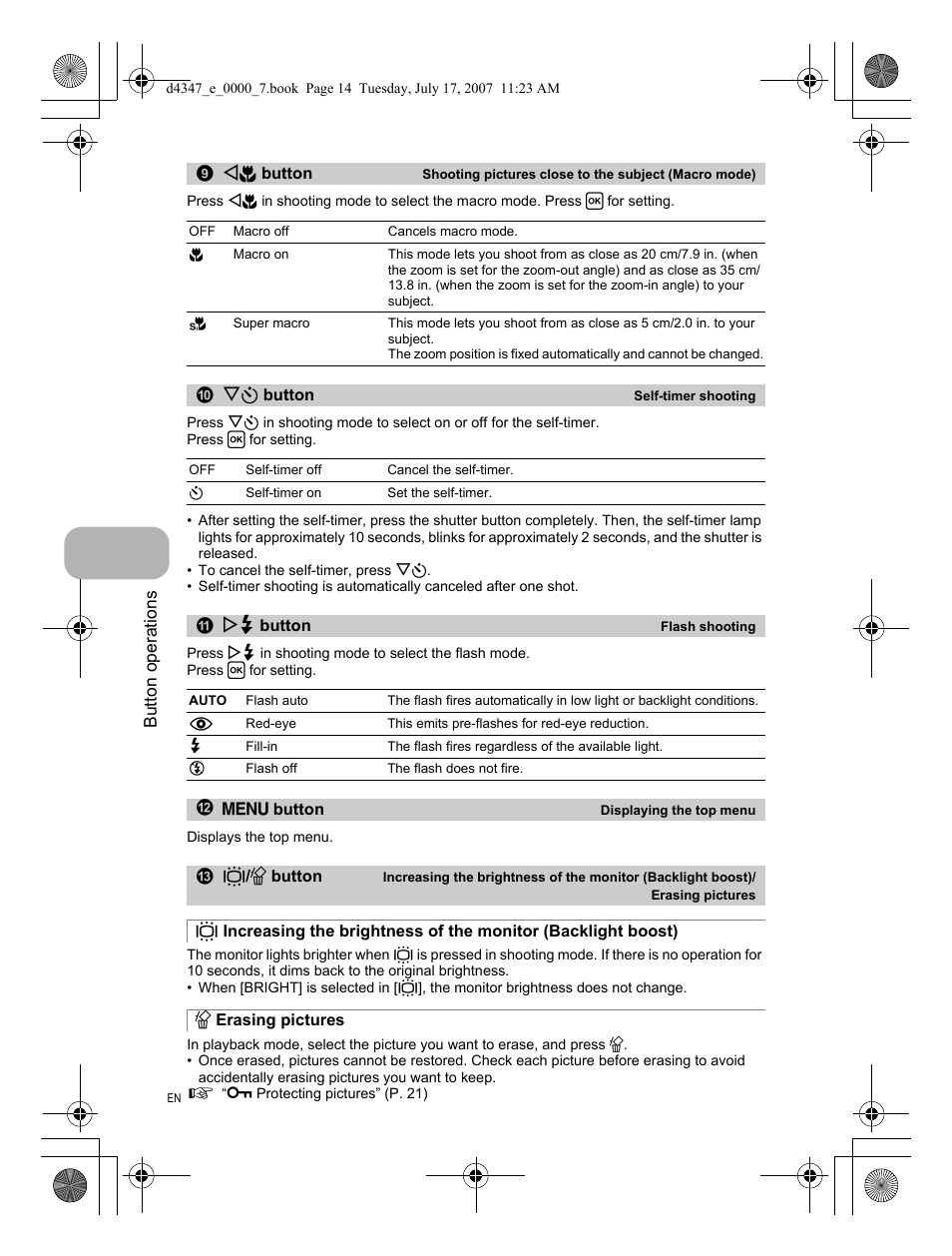 Self-timer shooting, Flash shooting, Displaying the top menu | Olympus FE-290 User Manual | Page 14 / 68