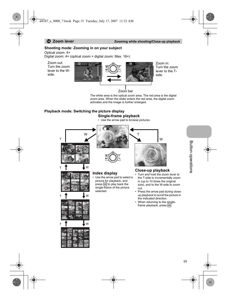 Zooming while shooting/close-up playback, Button operati o ns, Zoom lever | Close-up playback, Index display, Single-frame playback, Shooting mode: zooming in on your subject, Playback mode: switching the picture display | Olympus FE-290 User Manual | Page 15 / 68