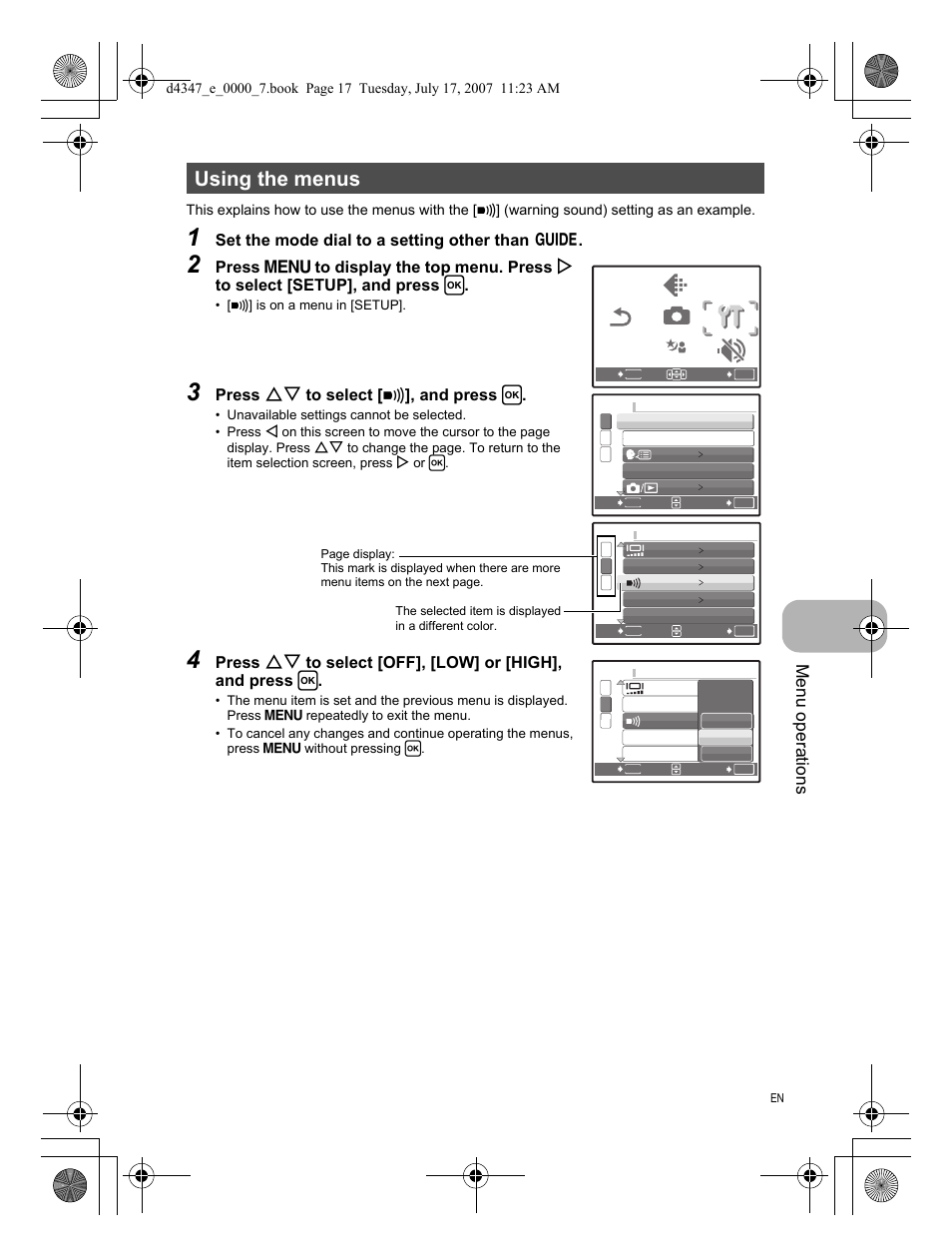 Using the menus, Menu operations, Set the mode dial to a setting other than r | Press on to select [ 8 ], and press h | Olympus FE-290 User Manual | Page 17 / 68
