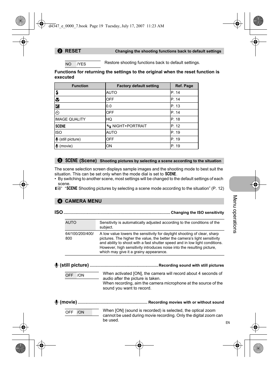 Camera menu, Changing the iso sensitivity, Recording sound with still pictures | Recording movies with or without sound | Olympus FE-290 User Manual | Page 19 / 68