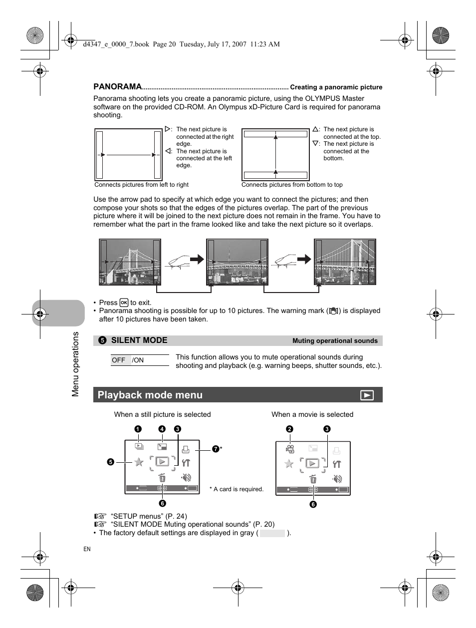 Creating a panoramic picture, Muting operational sounds, Playback mode menu | Playback mode menu q, Menu operations, Panorama, Silent mode | Olympus FE-290 User Manual | Page 20 / 68