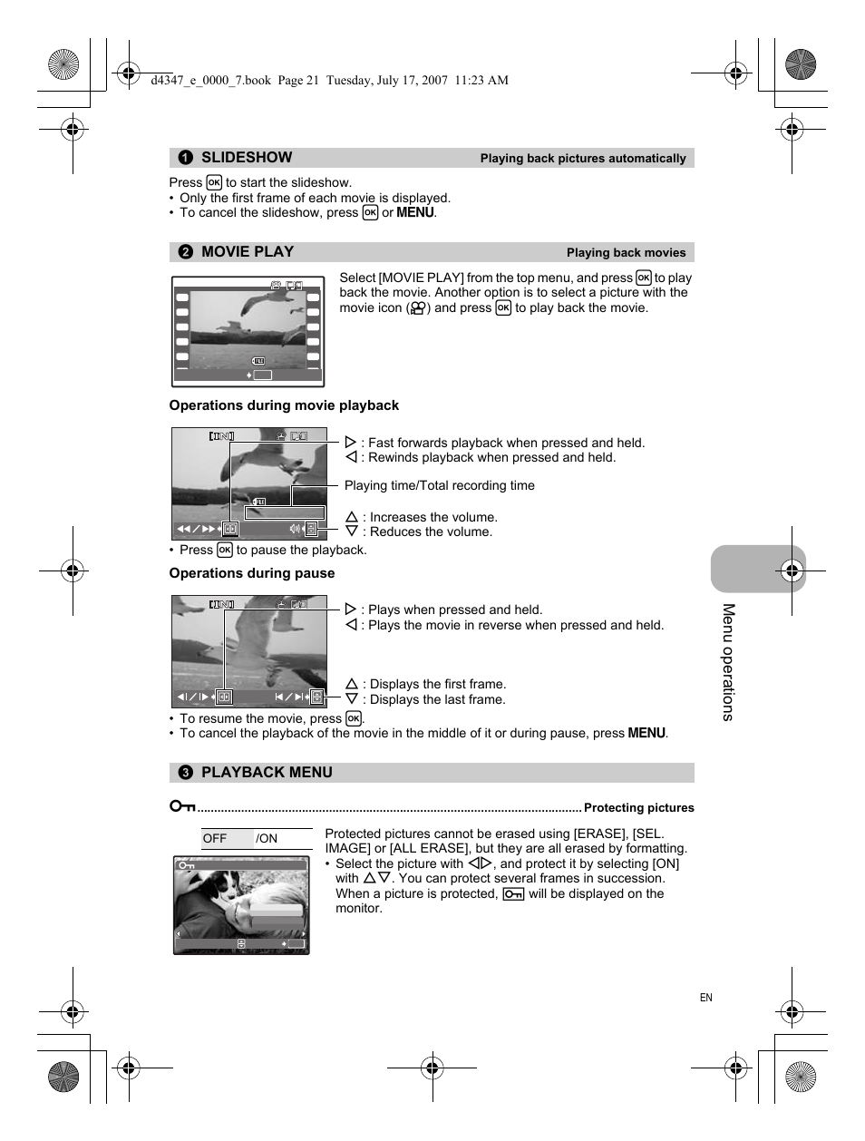 Playing back pictures automatically, Playing back movies, Playback menu | Protecting pictures, Menu operations | Olympus FE-290 User Manual | Page 21 / 68
