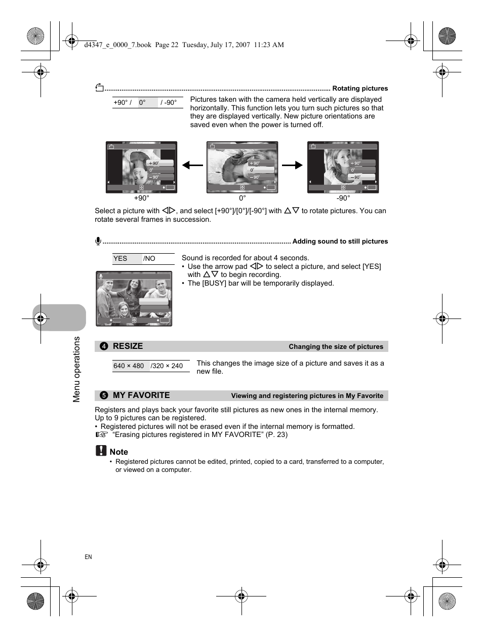 Rotating pictures, Adding sound to still pictures, Changing the size of pictures | Viewing and registering pictures in my favorite, Menu operations, Resize, My favorite | Olympus FE-290 User Manual | Page 22 / 68