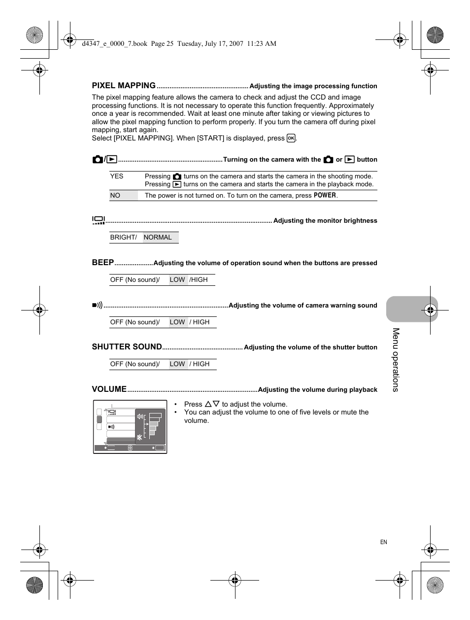 Adjusting the image processing function, Adjusting the monitor brightness, Adjusting the volume of camera warning sound | Adjusting the volume of the shutter button, Adjusting the volume during playback, Menu operations | Olympus FE-290 User Manual | Page 25 / 68