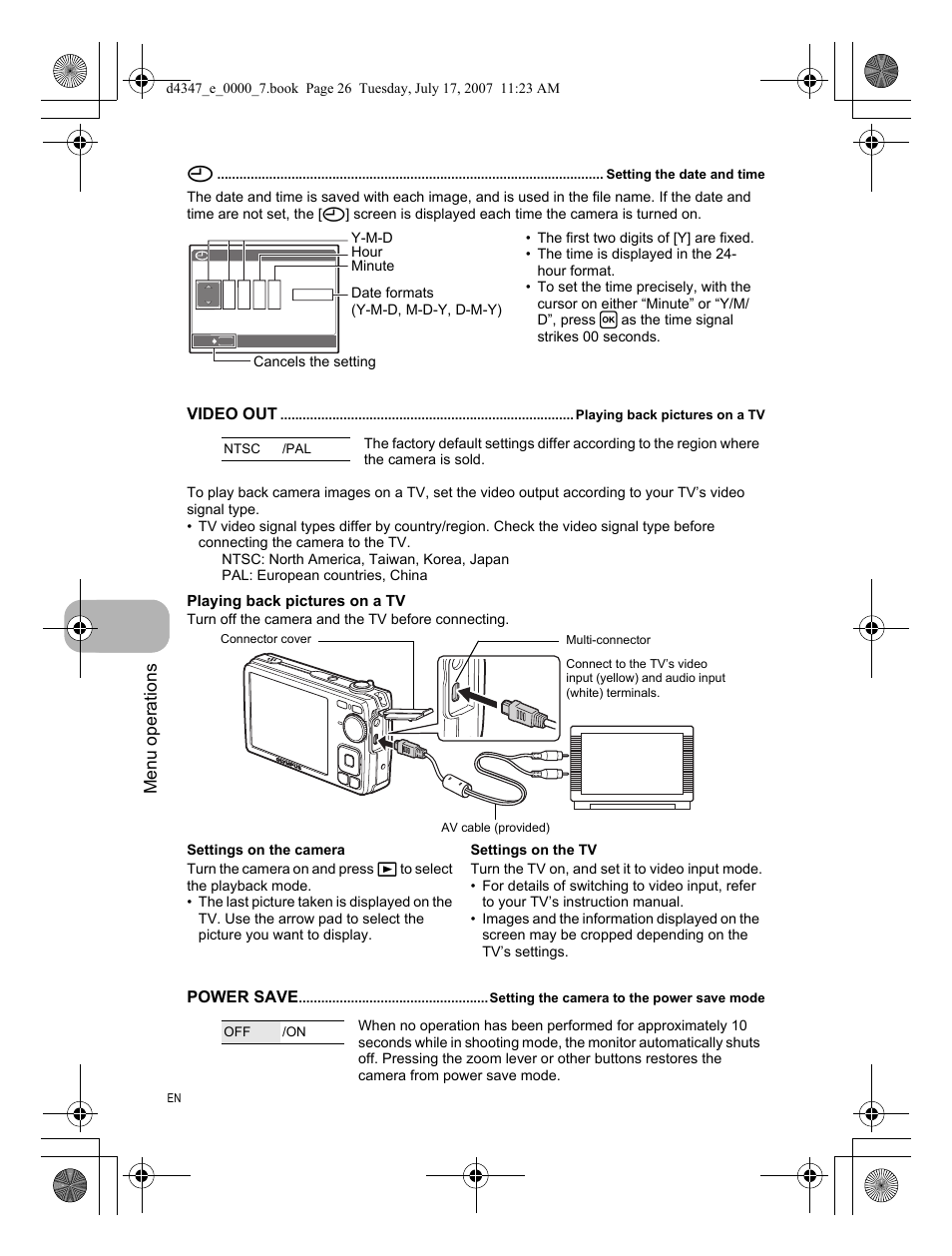 Setting the date and time, Playing back pictures on a tv, Setting the camera to the power save mode | Menu operations | Olympus FE-290 User Manual | Page 26 / 68