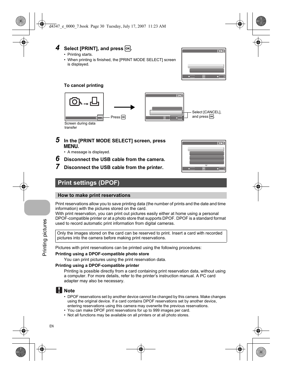 Print settings (dpof), How to make print reservations, Printing pictures | Olympus FE-290 User Manual | Page 30 / 68