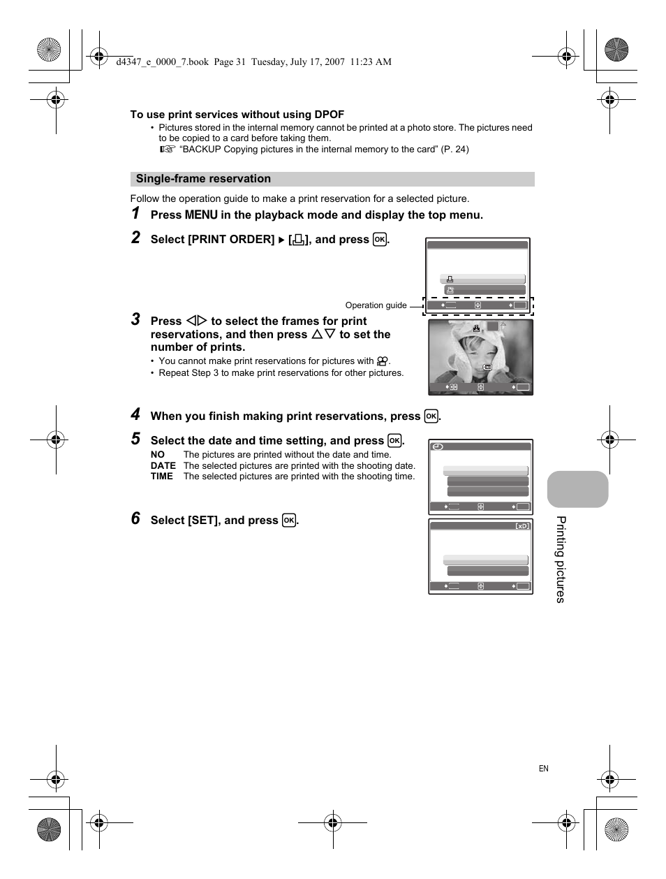 Single-frame reservation, Printing pi ctures, Select [print order] [ < ], and press h | When you finish making print reservations, press h, Select the date and time setting, and press h | Olympus FE-290 User Manual | Page 31 / 68