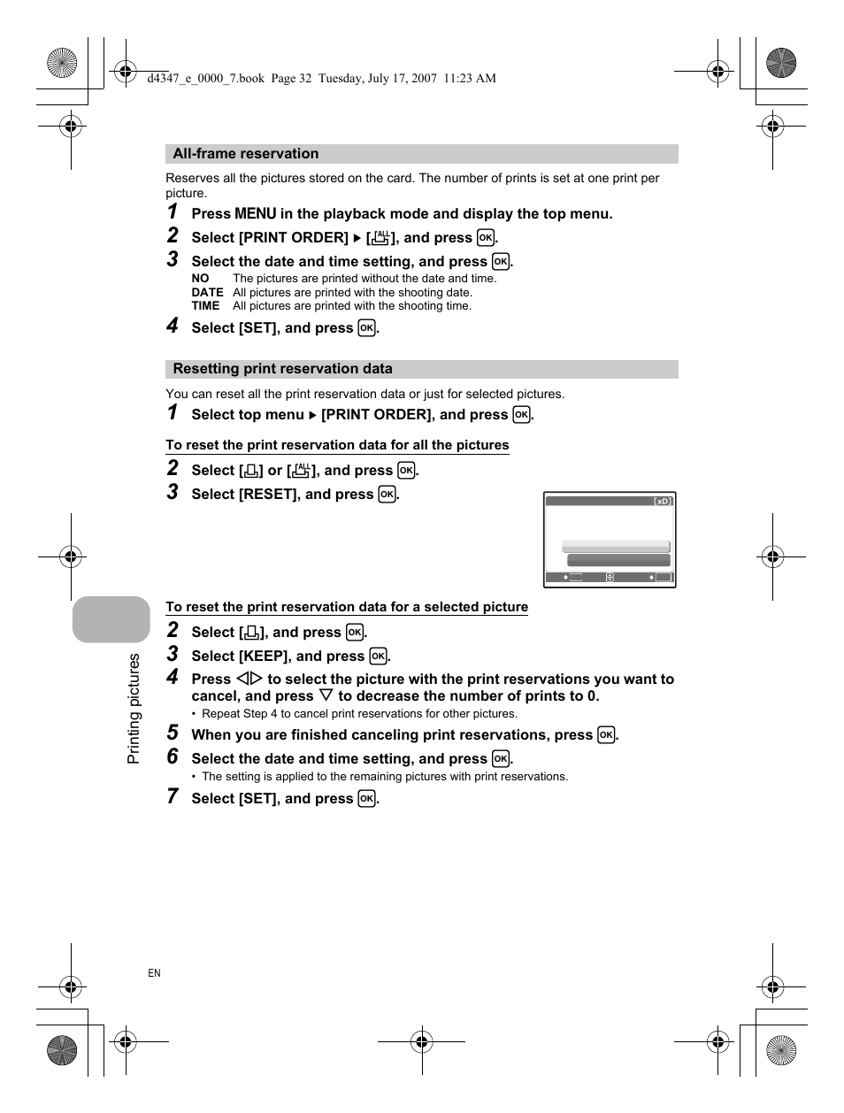 All-frame reservation, Resetting print reservation data | Olympus FE-290 User Manual | Page 32 / 68